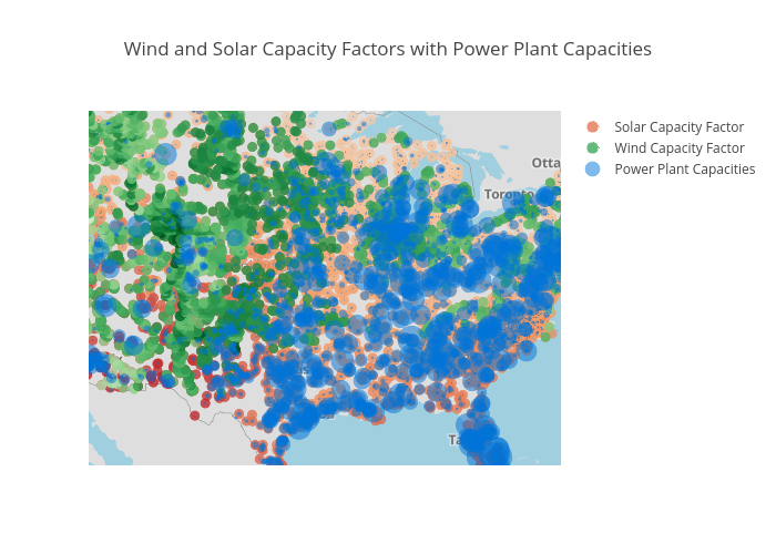 Wind and Solar Capacity Factors with Power Plant Capacities | scattermapbox made by Jgibson2 | plotly