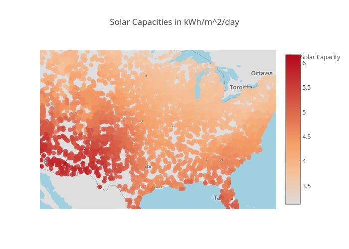 Solar Capacities in kWh/m^2/day | scattermapbox made by Jgibson2 | plotly