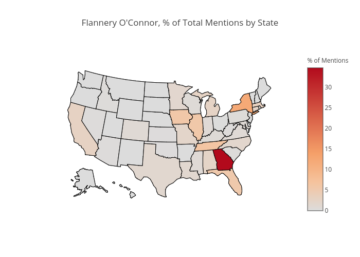 Flannery O'Connor, % of Total Mentions by State | choropleth made by Nmknewreadia | plotly