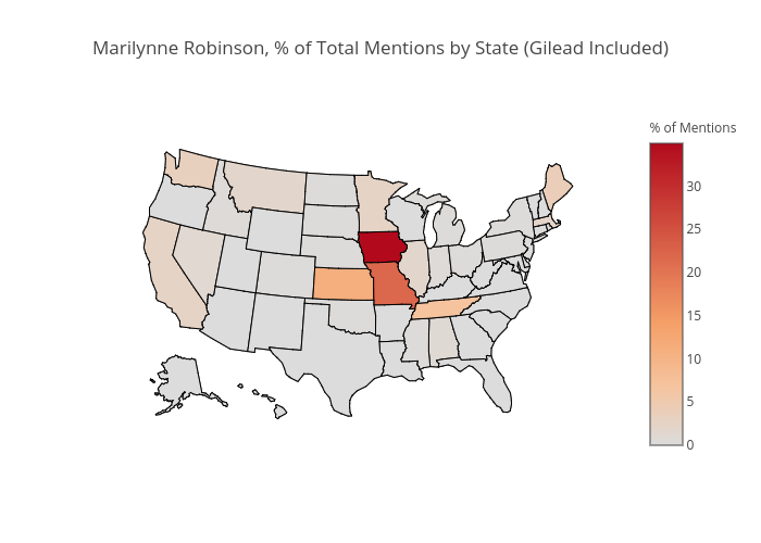Marilynne Robinson, % of Total Mentions by State (Gilead Included) | choropleth made by Nmknewreadia | plotly
