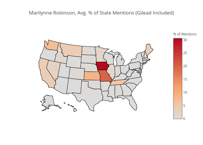 Marilynne Robinson, Avg. % of State Mentions (Gilead Included) | choropleth made by Nmknewreadia | plotly