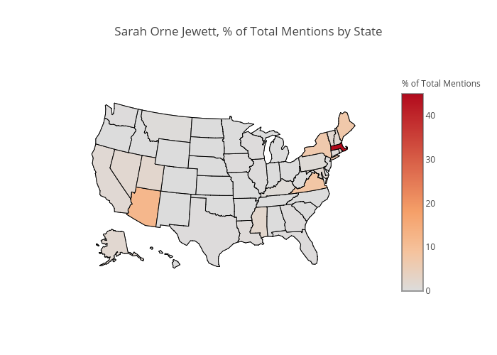 Sarah Orne Jewett, % of Total Mentions by State | choropleth made by Nmknewreadia | plotly