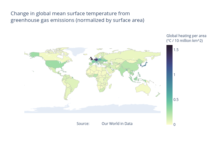 Change in global mean surface temperature fromgreenhouse gas emissions (normalized by surface area) | choropleth made by Osemonin | plotly